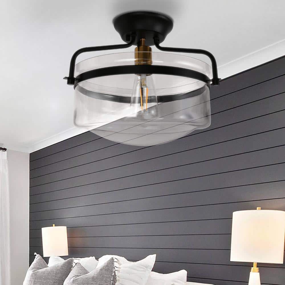 12 in. 1-Light Black Industrial Drum Semi Flush Mount Ceiling Light with Clear Glass Shade for Hallway Porch price history on PriceWatchPro
