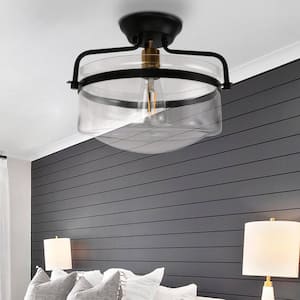 12 in. 1-Light Black Industrial Drum Semi Flush Mount Ceiling Light with Clear Glass Shade for Hallway Porch
