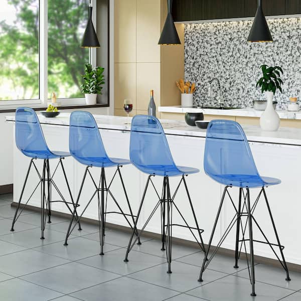 Leisuremod ABS Plastic Barstool 29.5 in. Seat Height Stool with Footrest and Black Steel Base Cresco Series in Transparent Blue CRBL 30TBU