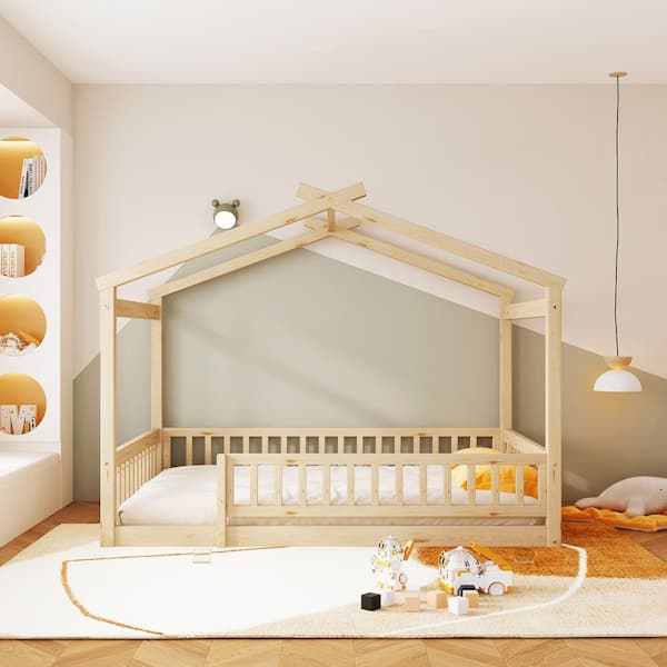 Harper & Bright Designs Natural Full Size Wood House Bed with Fence Guardrails