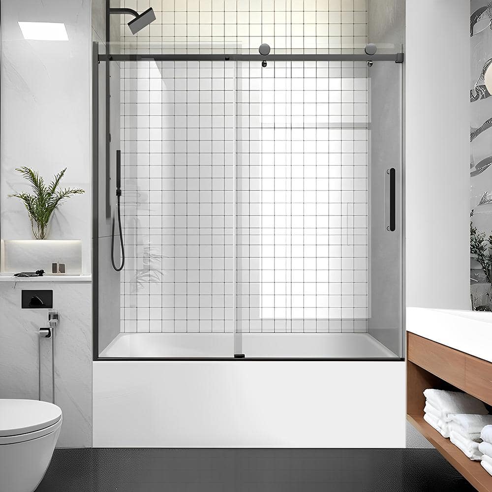 57-60 in. W x 60 in. H Sliding Frameless Tub Door in Matte Black with Clear Glass price history on PriceWatchPro
