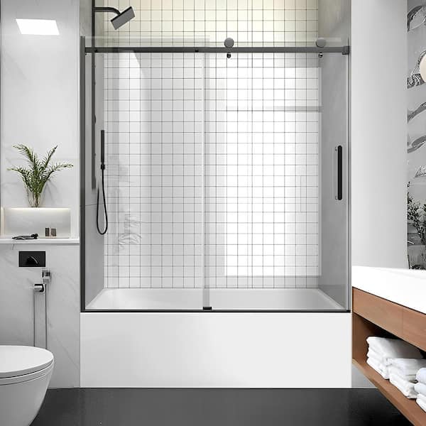 57-60 in. W x 60 in. H Sliding Frameless Tub Door in Matte Black with Clear Glass
