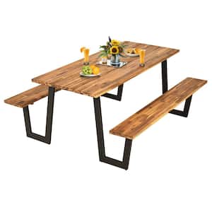 Natural Wood Outdoor Picnic Table Bench Set Outdoor Dining Table Set with 2 in. Umbrella Hole and Metal Frame Patented