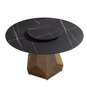 53 in. Black Circular Rotable Sintered Stone Tabletop with Lazy Susan Pedestal Base Kitchen Dining Table (Seats-6)