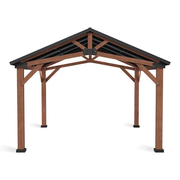 Hampton 12 ft. x 14 ft. Brown Wood Outdoor Gazebo with Iron Peak Roof HardTop Patio Pavilion
