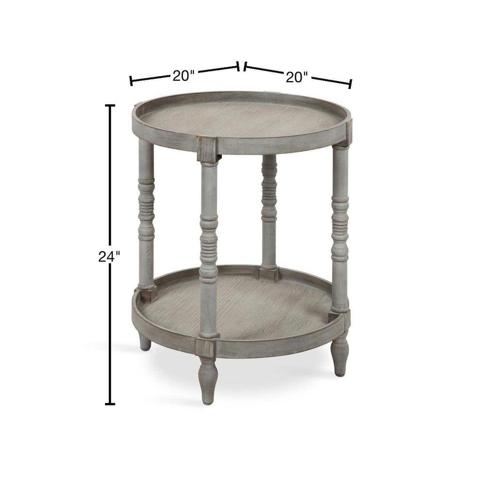 Bellport Classic Round Wood Side Table with Lower Shelf, Distressed Gray