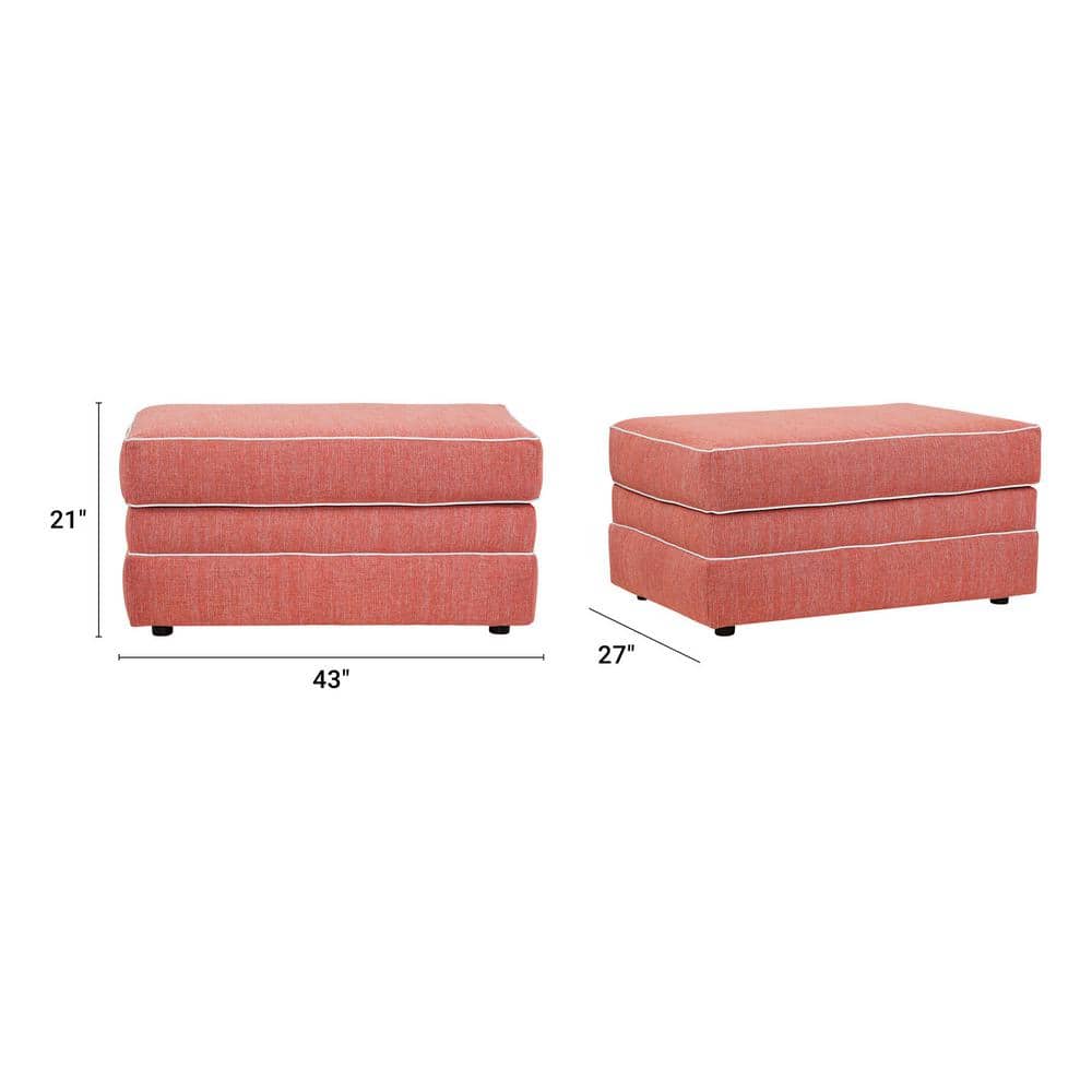 Coral and Ivory Coastal Linen-Blend Upholstered Ottoman