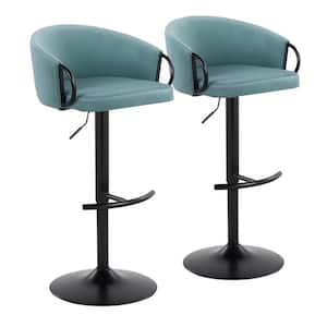 Claire 33 in. Light Blue Velvet and Black Metal Adjustable Bar Stool with Rounded T Footrest (Set of 2)