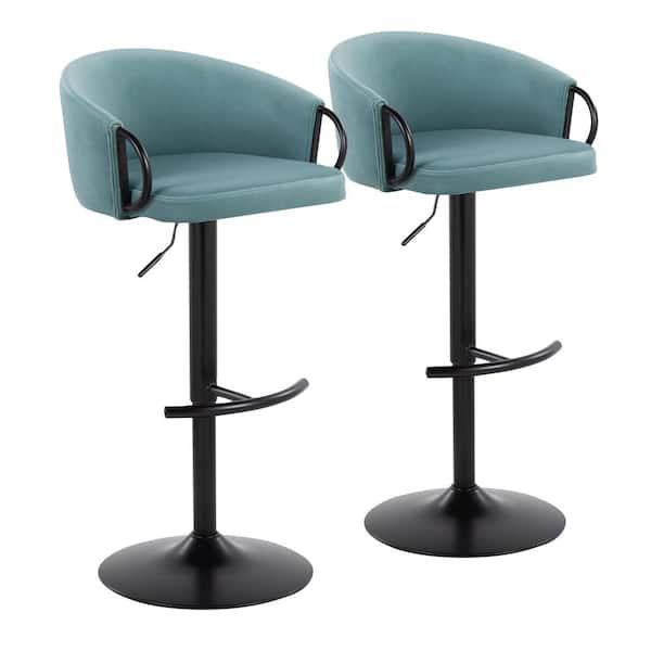 Lumisource Claire 33 in. Light Blue Velvet and Black Metal Adjustable Bar Stool with Rounded T Footrest (Set of 2)