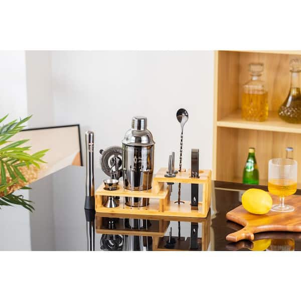 Mixology Kit Barista Da 15 Pezzi Con Supporto In Legno - Shaker Cocktail In Acciaio Inox, Misurino, Colino, Pinze, Apribottiglie E Libro Ricette, Set Regalo Per Bartender - 3