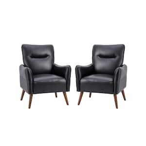 Zuri Vegan Leather Black Armchair with Solid Wood Legs (Set of 2)