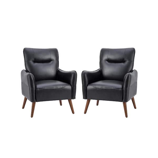 JAYDEN CREATION Zuri Vegan Leather Black Armchair with Solid Wood Legs (Set of 2)
