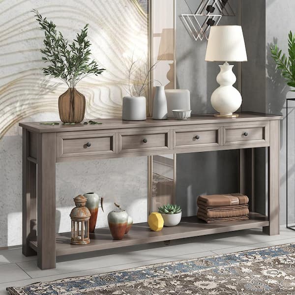 Polibi 63 in. Gray Wash Rectangle Wood Console Table with Storage Drawers and Bottom Shelf for Entryway Hallway Gray Wash