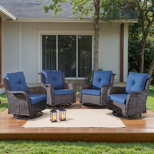 4-Piece Brown Swivel Glider Wicker Outdoor Rocking Chair with Blue Cushions and Curved Armrest