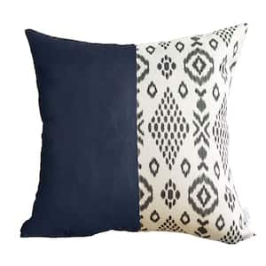 Navy Blue Boho Handcrafted Vegan Faux Leather Square Abstract Geometric 17 in. x 17 in. Throw Pillow Cover
