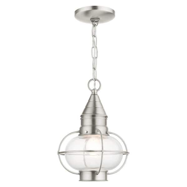 AVIANCE LIGHTING Hennington 11.75 in. 1-Light Brushed Nickel Dimmable Outdoor Pendant Light with Clear Glass and No Bulbs Included