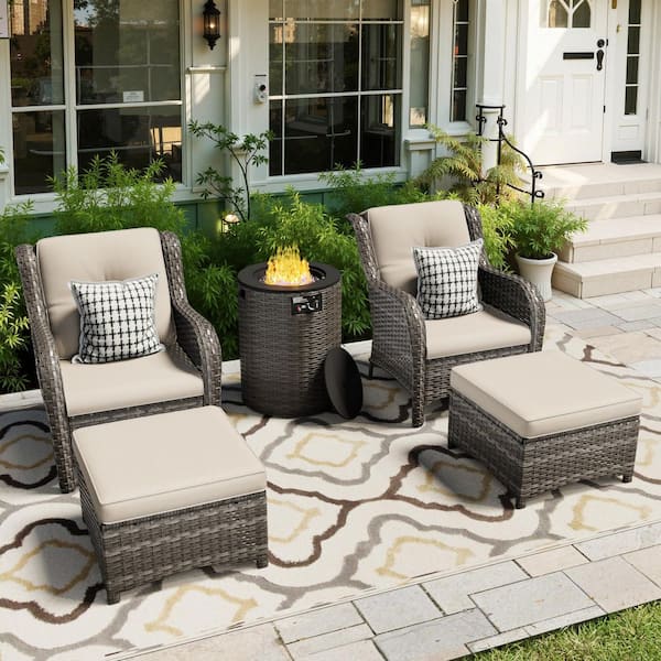 5-Piece Fire Pit Patio Set Wicker Outdoor Patio Conversation Set with Lounge Chairs, Ottomans and Beige Cushions