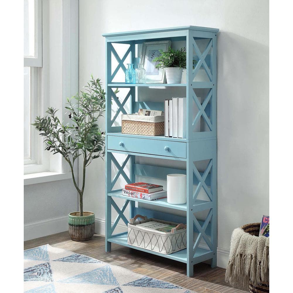 Sea Foam Blue 5-Tier Wooden Bookcase with Concealed Drawer
