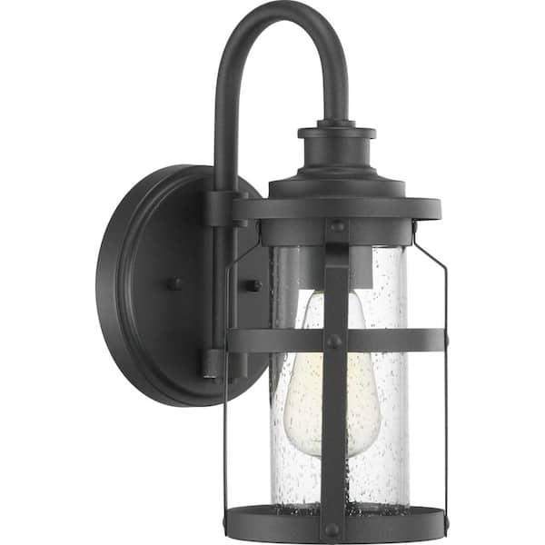 Progress Lighting Haslett Collection 1-Light Textured Black Clear Seeded Glass Farmhouse Outdoor Small Wall Lantern Light