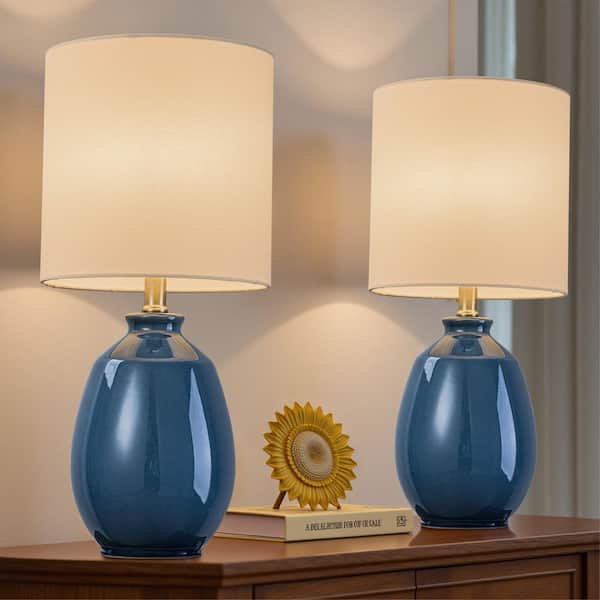 19. 75in. Plug-in Blue Ceramic Table Lamp with White Linen Shade for Bedroom/Foyer/Living Room
