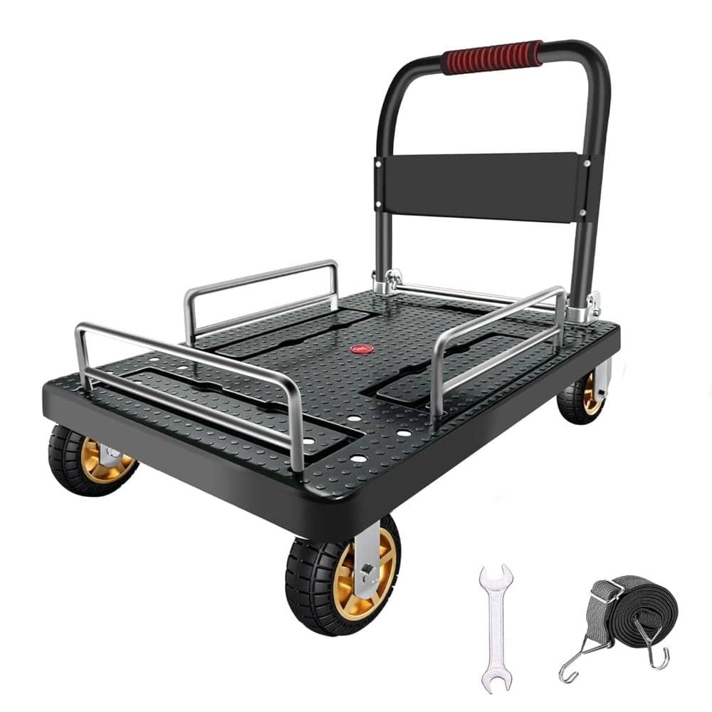 Heavy-Duty Steel Platform Truck, Flatbed Cart with Folding 3-Sided Guard Rails, Quiet Rubber Swivel Casters, Brakes price history on PriceWatchPro