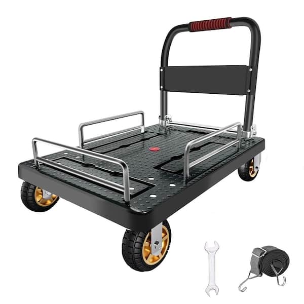 Heavy‑Duty 1300 lb Platform Truck,35.4×23.6 in Steel Flatbed Cart,3‑Sided Guard Rails,Rubber Brake Casters