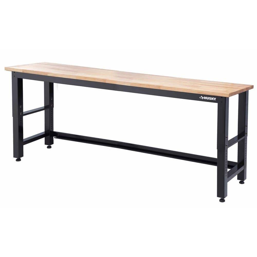 Husky 8 ft. Adjustable Height Solid Wood Top Workbench in Black for Ready to Assemble Steel Garage Storage System