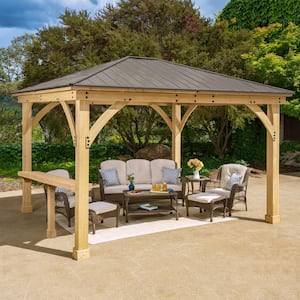 Meridian 12 ft. x 14 ft. Premium Cedar Outdoor Patio Shade Gazebo with a 12 ft. Bar Counter and Brown Aluminum Roof