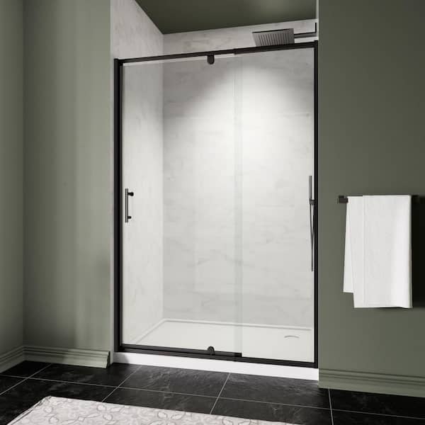44-48 in. W x 71 in. H Framed Pivot Shower Door in Matte Black with 1/4 in. Crystal Clear Tempered Glass