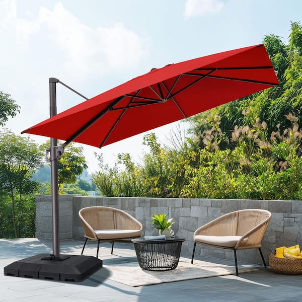 10.5 ft.x 9 ft.Rectangular Aluminum Offset 360° Rotation Crank Tilt Patio Cantilever Umbrella in Red With 240 lbs. Base