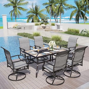 7-Piece Metal Outdoor Dining Set with Rectangular Faux-Wood Tabletop and 6 Sling Padded Swivel Texitilene Chairs