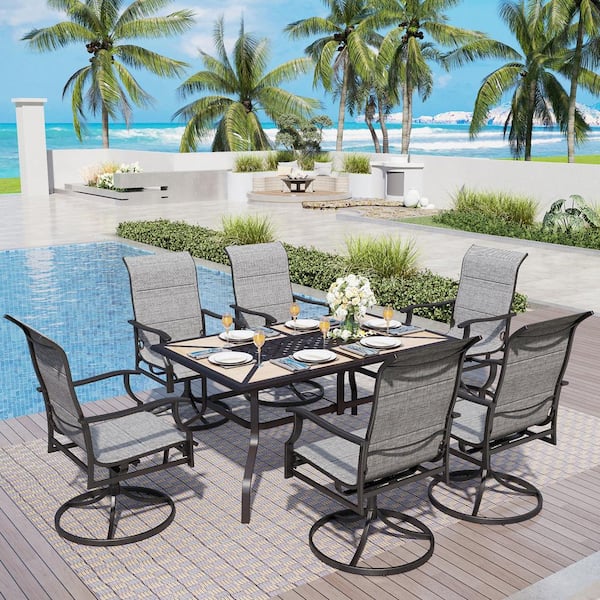 PHI VILLA 7-Piece Metal Outdoor Dining Set with Rectangular Faux-Wood Tabletop and 6 Sling Padded Swivel Texitilene Chairs