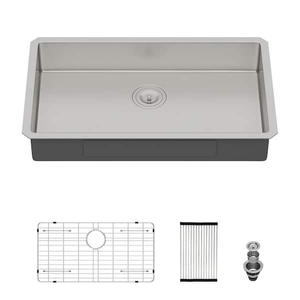 30 in. Undermount Single Bowl 16 Gauge Brushed Nickel Stainless Steel Kitchen Sink with Bottom Grids