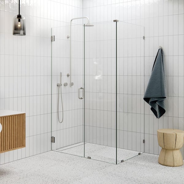 48 in. W x 32 in. D x 78 in. H Pivot Frameless Corner Shower Enclosure in Brushed Nickel Finish with Clear Glass