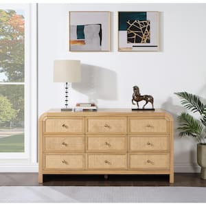 Belmont 60 in. L x 20 in. D x 32 in. H 9-Drawer Rattan Natural Wood Dresser