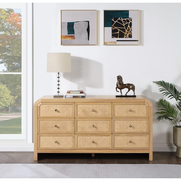 Best Master Furniture Belmont 60 in. L x 20 in. D x 32 in. H 9-Drawer Rattan Natural Wood Dresser