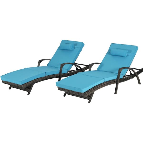 Outdoor Armchairs 2-Pieces Wicker and Metal Outdoor Recliner with Blue Cushions