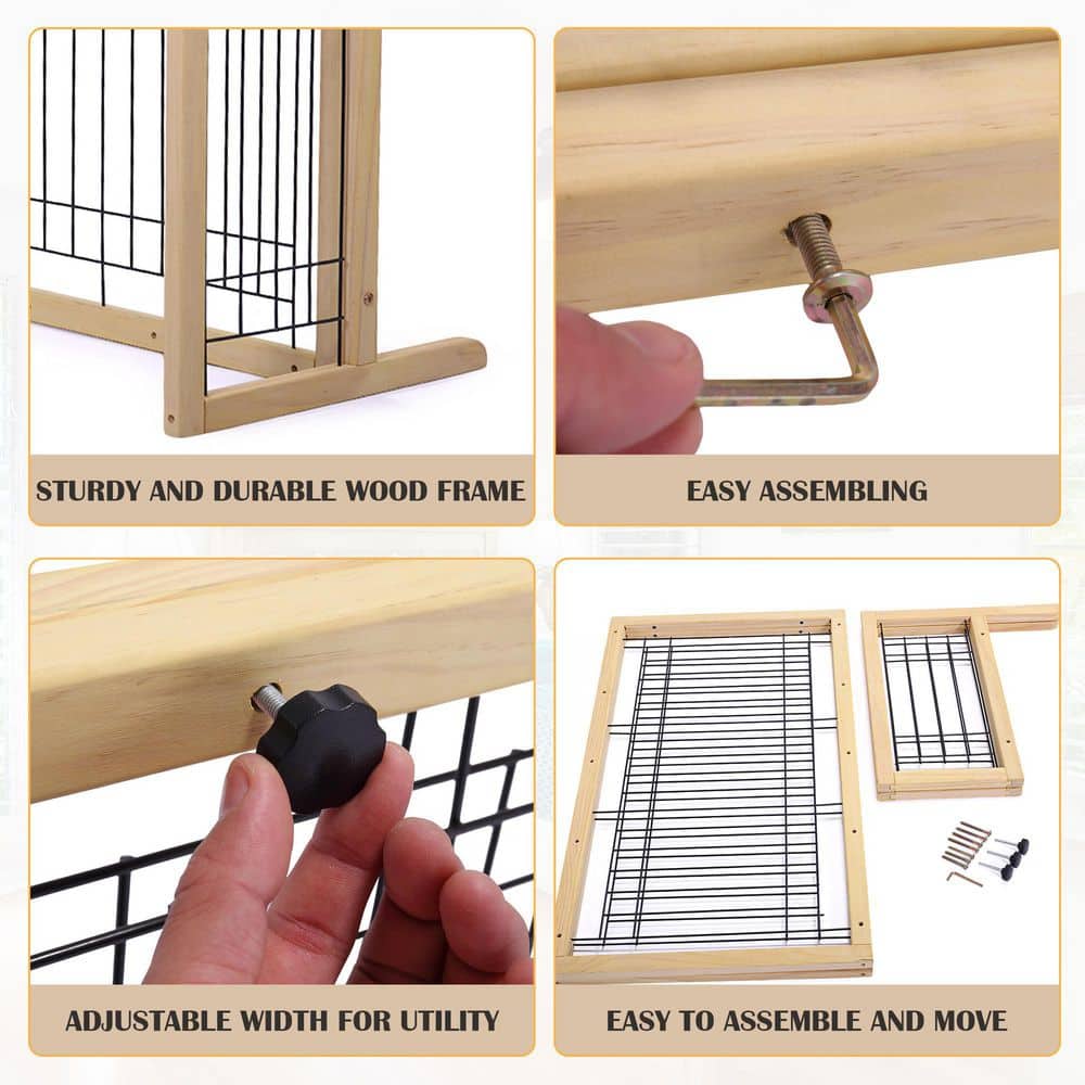 Adjustable Freestanding Beige Wood and Metal Pet Gate