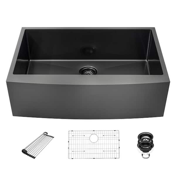 Bnuina 30 in. Single Bowl 16 Gauge Gunmetal Black Stainless Steel Kitchen Sink with Bottom Grids, Drain, Rack and Clips
