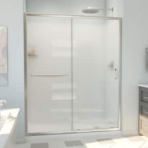 60 in. W x 78-3/4 in. H Sliding Semi-Framless Shower Door Base and White Wall Kit in Brushed Nickel and Frosted Glass
