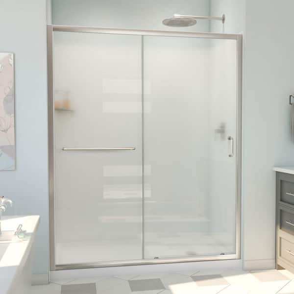 DreamLine 60 in. W x 78-3/4 in. H Sliding Semi-Framless Shower Door Base and White Wall Kit in Brushed Nickel and Frosted Glass