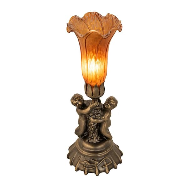 MEYDA Pond Lily 13 in. Antique Brass Novelty Victorian Twin Cherub Table Lamp with Amber Glass Shade