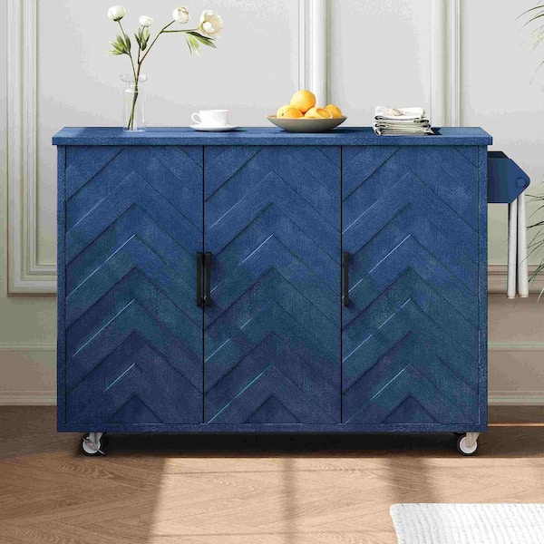 Polibi Navy Blue Wood 51.2 in. W Kitchen Island with Drop Leaf, Internal Storage Rack, Wheels