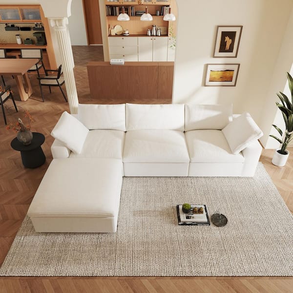 Down Filled 118 in. Square Arm 3-Seater Linen Cloud Modular Tuxedo Sofa with Chaise Ottoman, Washable Covers in White