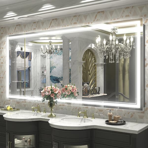 72 in. W x 32 in. H Large Rectangular Frameless Front LED Lights Anti-Fog Wall Bathroom Vanity Mirror in Tempered Glass