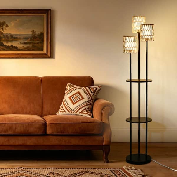 65 in. Rattan White 3-Light Modern Torchiere Tall Standing Floor Lamp with Fabric Drum Shade for Living Room, Bedroom