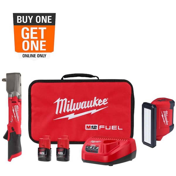 Milwaukee M12 FUEL 12V Lithium-Ion Brushless Cordless 3/8 in. Right Angle Impact Wrench Kit w Two 2.0 Ah Batteries & ROVER Light