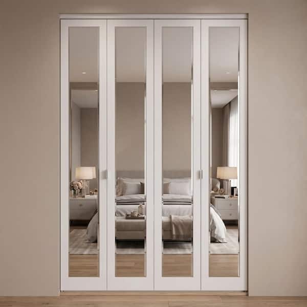 54 in. x 80 in. Mir-Mel White Mirror Solid Core MDF Full-Lite Interior Closet Wood Bi-Fold Door with Matching Trim