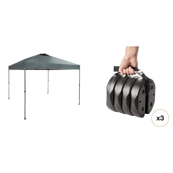 10 ft. x 10 ft. Grey Instant Canopy Pop Up Tent and 40 lbs. Black Canopy Weight Plates with Carry Strap Combo (Set of 4)