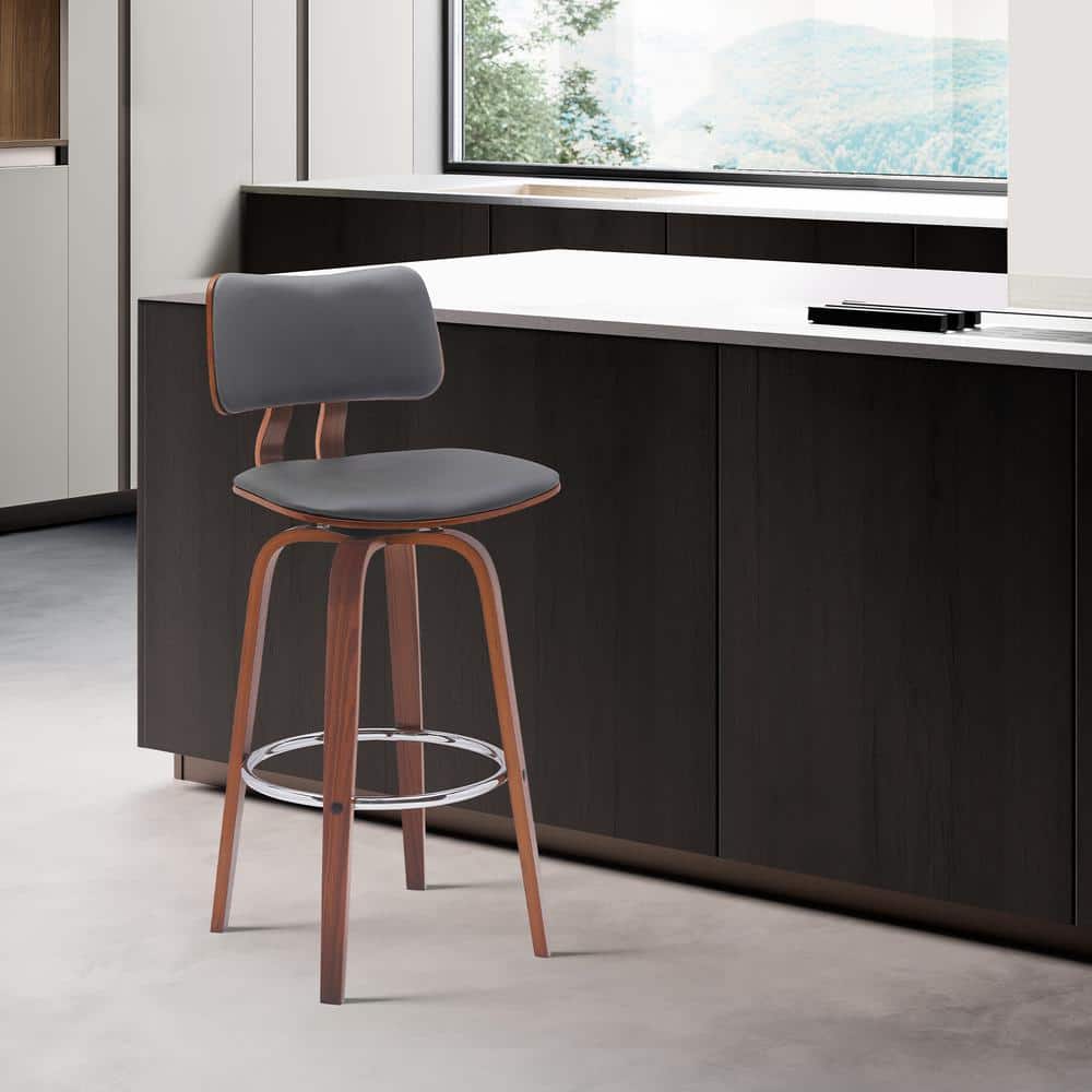 Pico Swivel 26 in. Grey/Walnut and Chrome Wood Counter Stool with Grey Faux